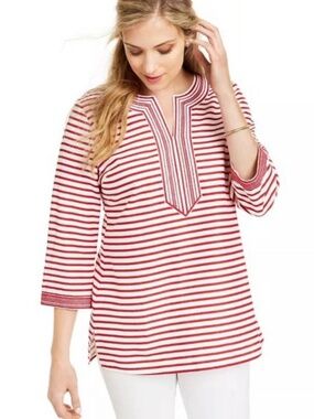 Charter Club Women's Embroidered Striped Linen Blend Tunic Red XL 3/4 Sleeves